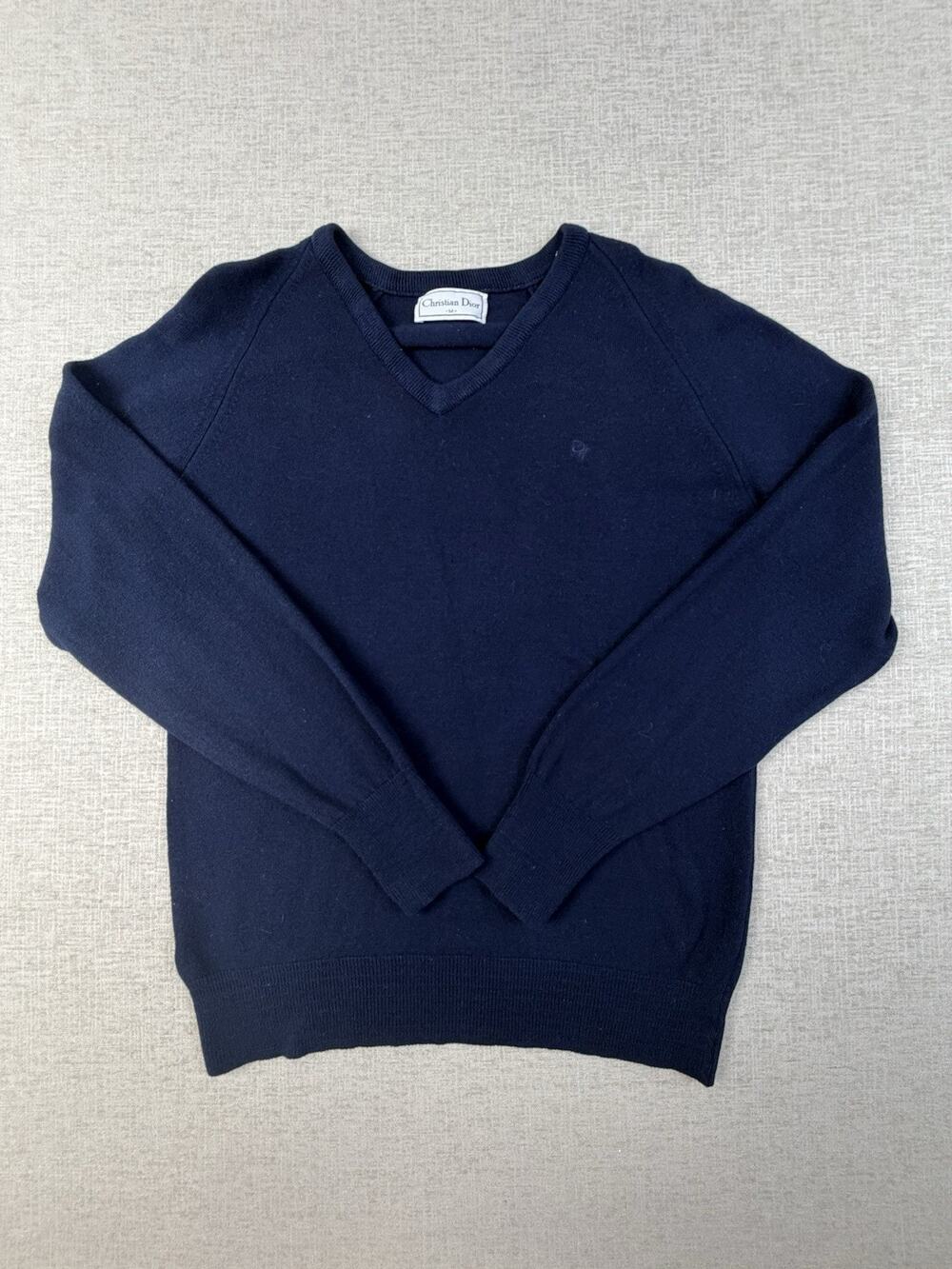 Vintage Christian Dior Men’s M Navy V-Neck Pullover Sweater Embroidered Logo